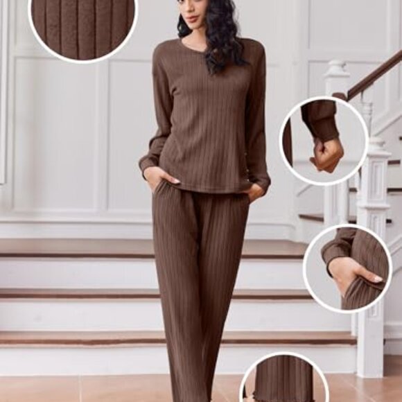 Soft Ribbed Knit Lounge Set Long Sleeve Pajamas 2 Piece S-XXL - Picture 5 of 8